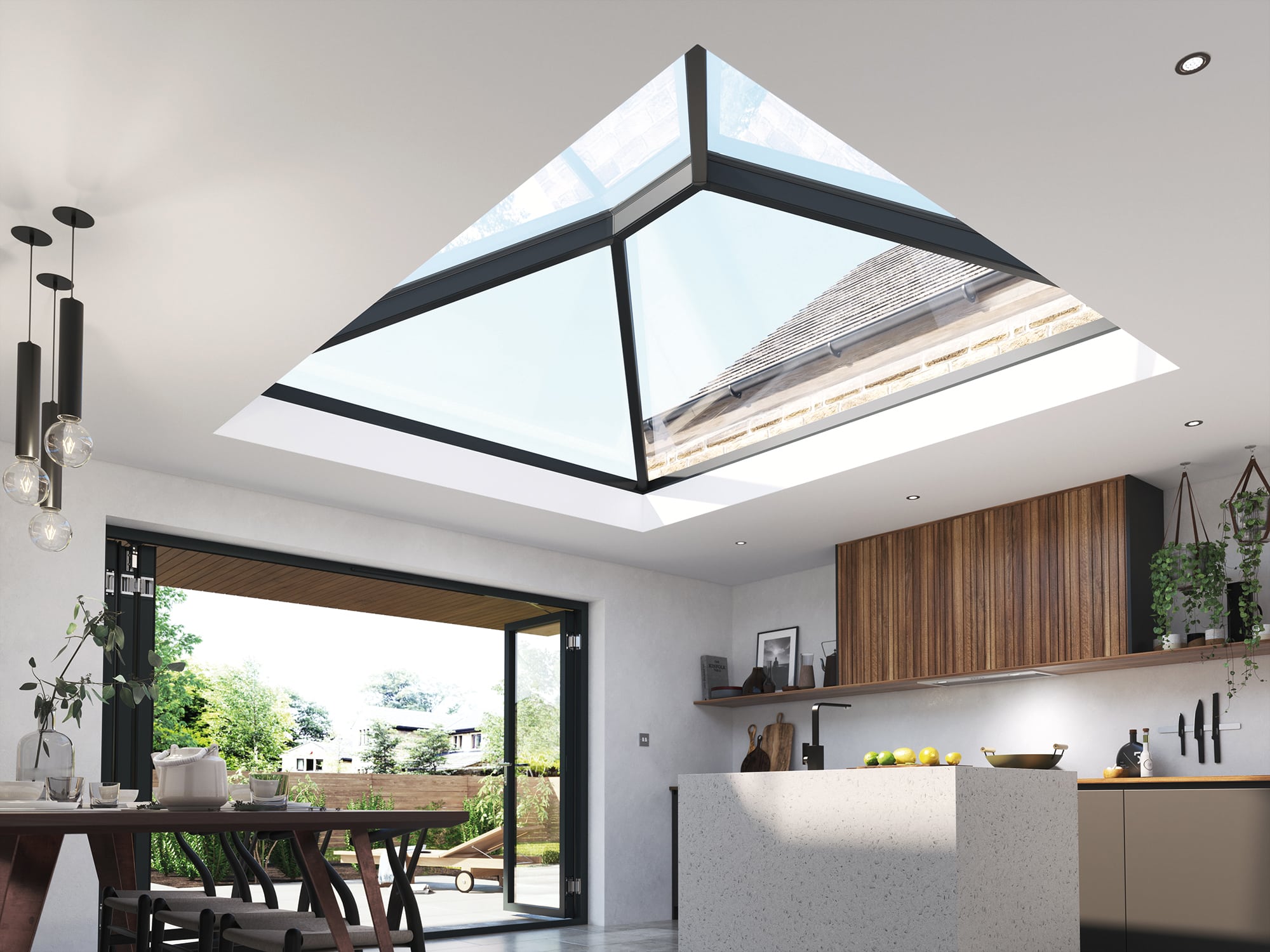 Korniche lantern roofs and rooflights in a modern new extension inside view looking up