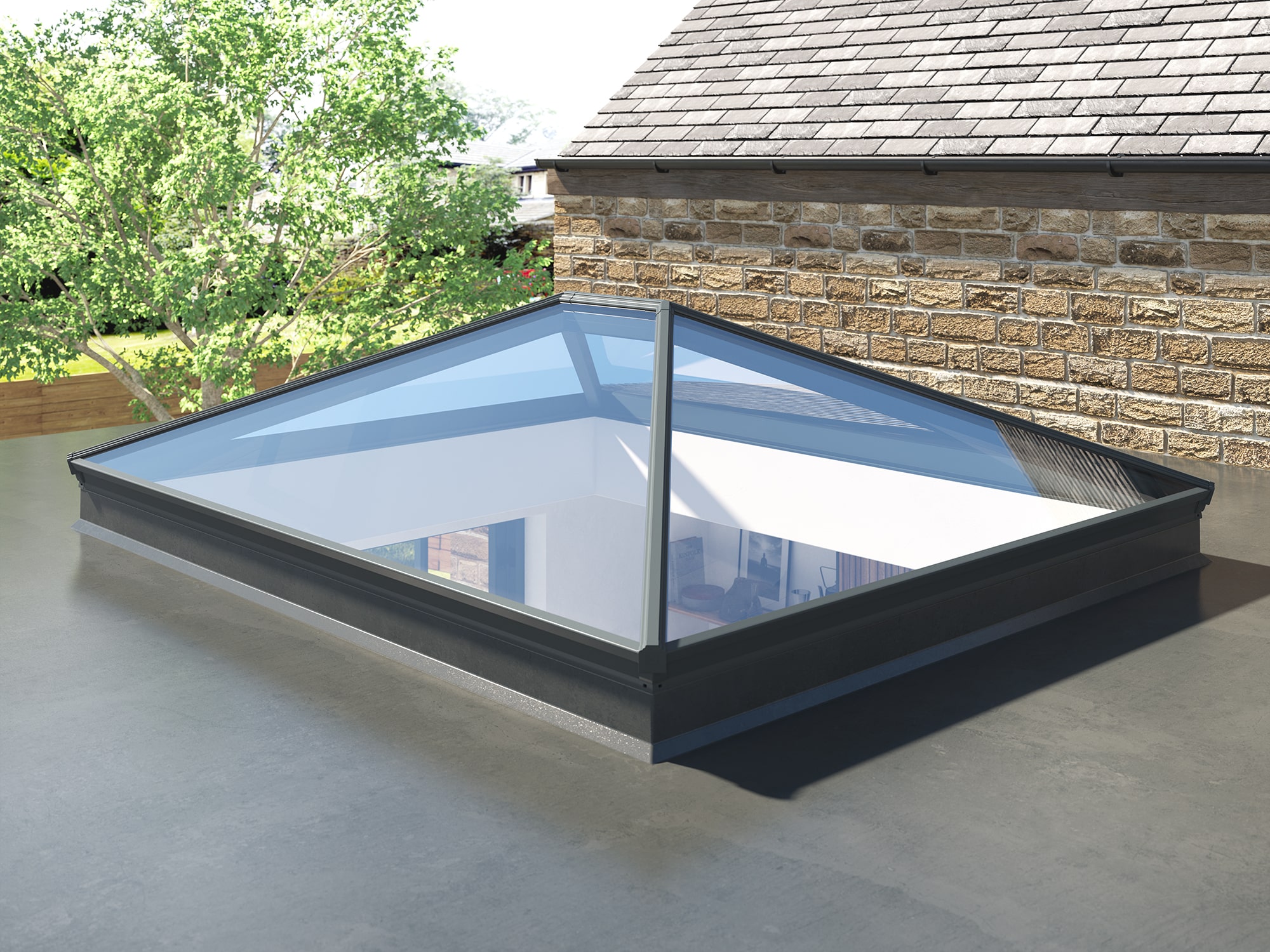 Contemporary slim Korniche roof lantern on a flat roof extension