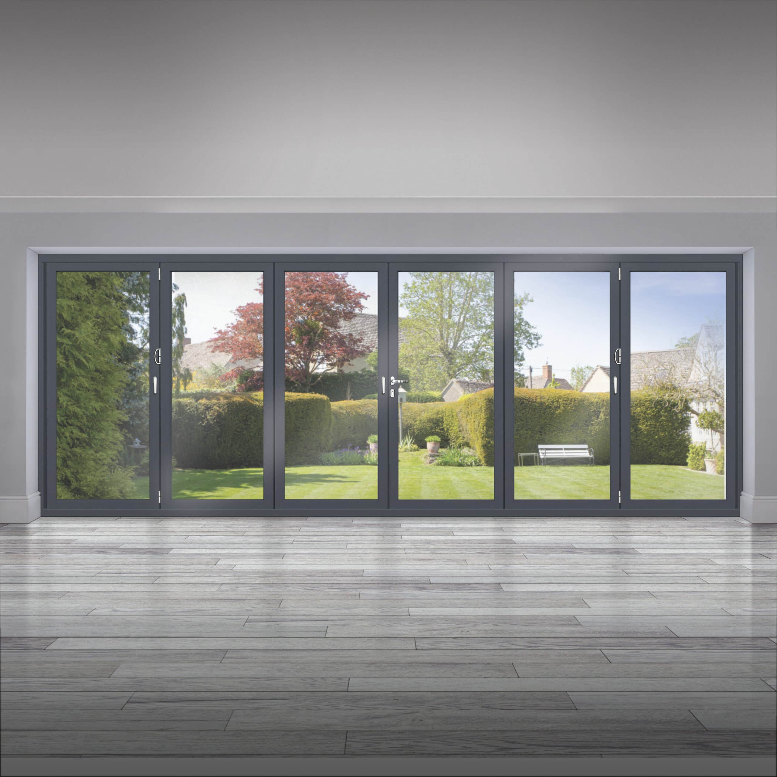 grey six panel closed origin bifold doors with garden view