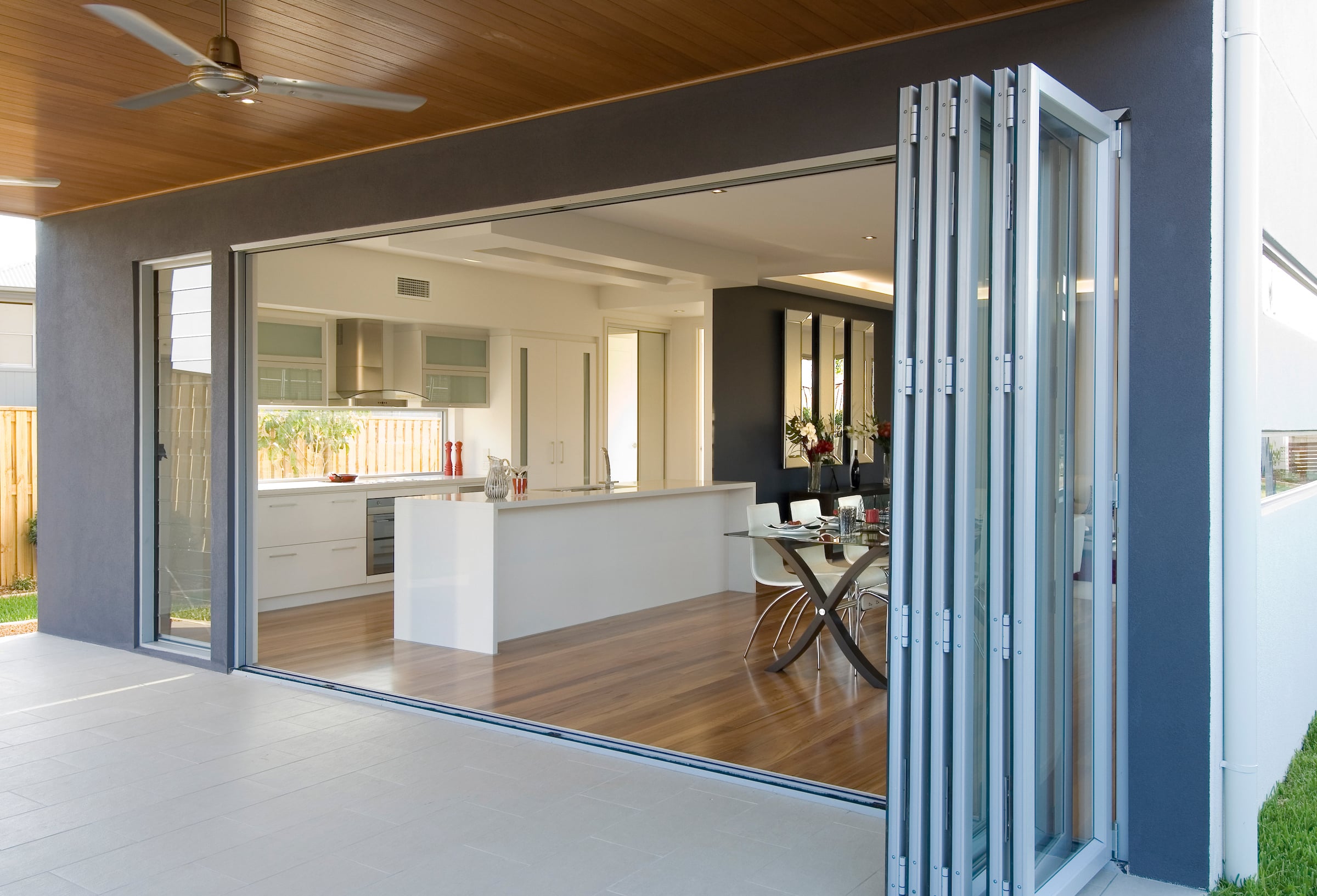 Alutech BF73 open bifolds showing a renovated kitchen