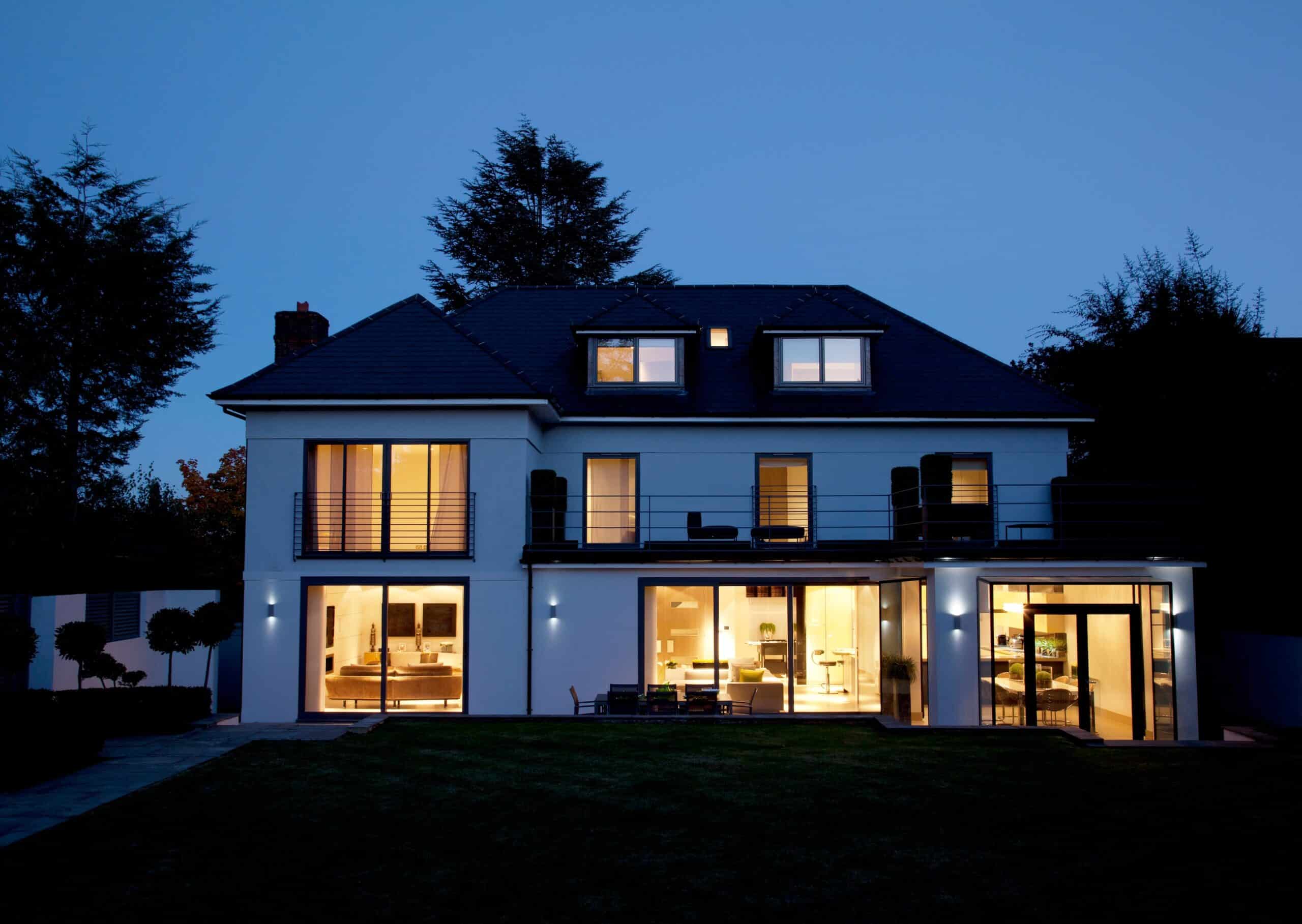 Aluminium Patio doors in a house at night