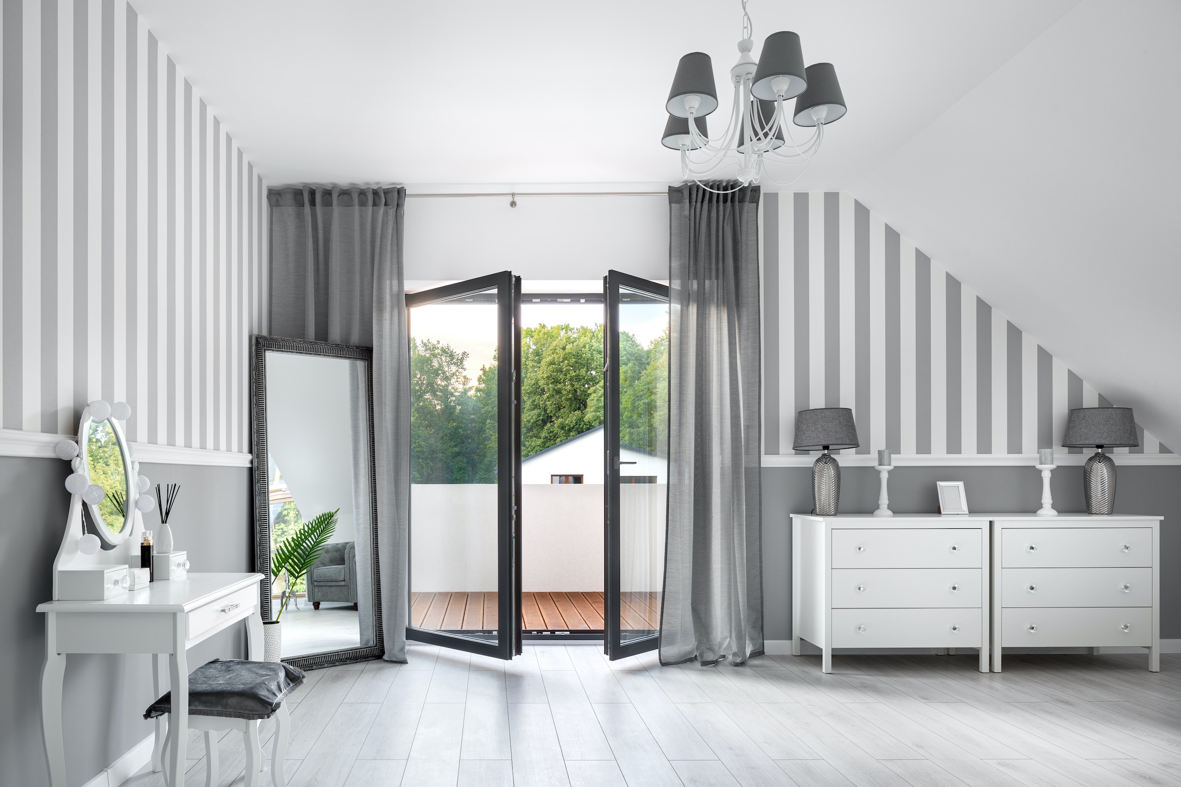 French slimline doors in a bedroom grey colour throughout