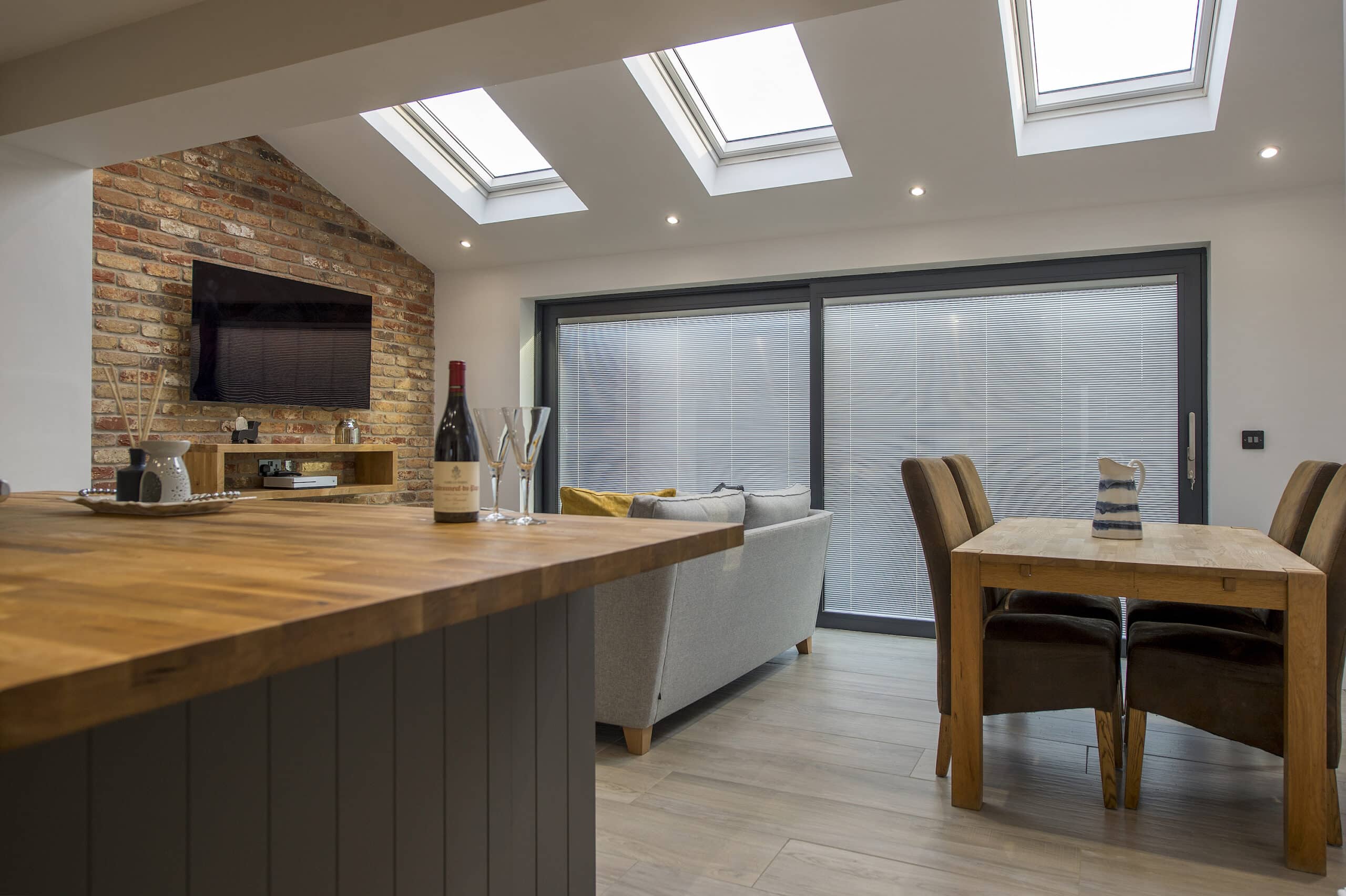 patio sliding doors in a kitchen extension with integral blinds