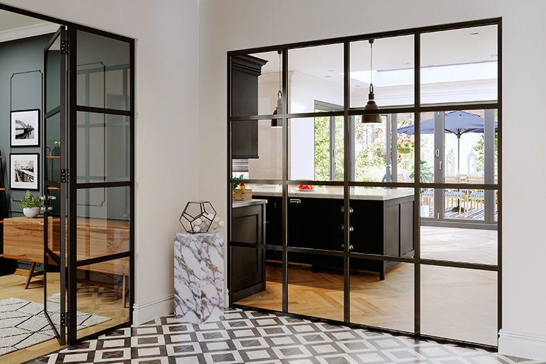 Internal steel look screen with doors in a modern hallway