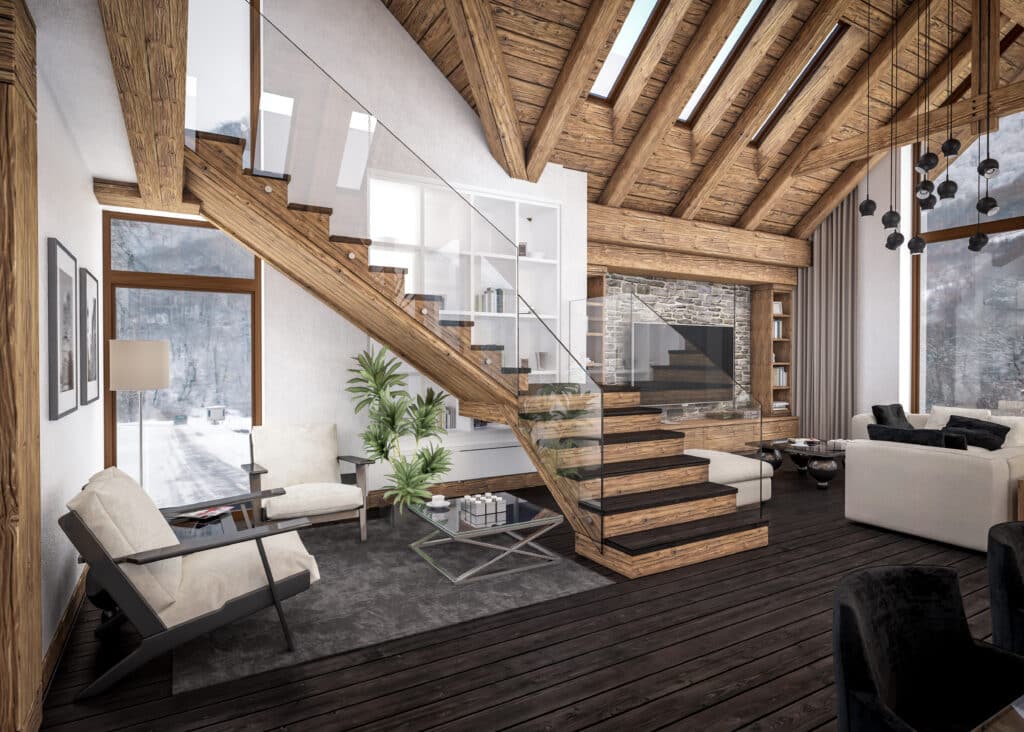 wood-clad room with glass balustrade on a wood staircase